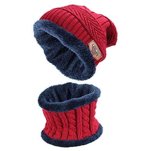 Isuper 2 Pcs Sombrero Caliente de Punto Gorra Bufanda con Forro de Lana Invierno (Rojo)