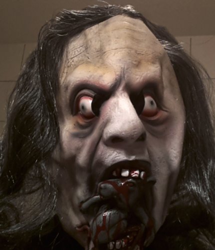 Zombie Maske Latex Splatter Leiche mit blutiger Ratte im Mund Horror Monster Maske mit Nager Monster Halloween Latex Schocker