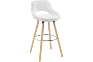 WOLTU Taburete Cocina Alto con Respaldo Ahuecado y Reposapiés, para Bistro, Cafeteria y Cocina, con Funda de Piel Sintética y Patas de Madera, Blanco