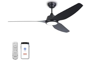 Ovlaim Ventilatore motore leggero a corrente continua da 142cm, illuminazione LED regolabile, intelligente, telecomando e ventilatore silenzioso a 3 ali, nero