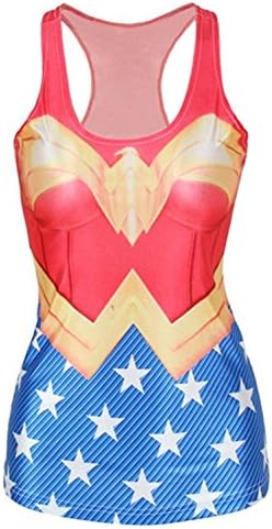 New Ladies Red &amp; Blue Wonder Woman Print Galaxy Tank Vest Tops Superhero Club Wear Fancy Dress Size 8-10