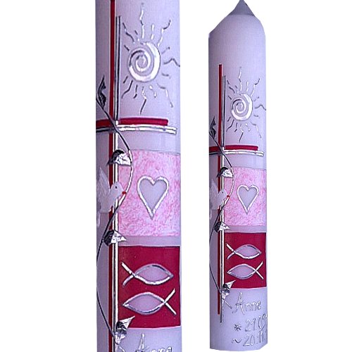 Taufkerze Kommunionkerze Mädchen Junge Sonne Herz Fische Taube 400x40mm mit Namen Datum Farbe wählbar ITP161 - 5