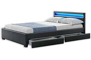 SUPPLY24 SINCE 2004 LED Leder Bett Amsterdam DUNKELGRAU modernes Bett mit LED-Beleuchtung + inklusive Lattenrahmen / Lattenrost + mit praktischer Bettkasten Schubladen Stauraum Polsterbett Jugendbett günstig (140x200 cm)