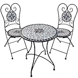 das Gestell vom Bistro Set ist aus hochwertigen beschichtetem Metall, Tischplatte, Sitzfläche und Rückenlehne sind aus massive Mosaikplatten gefertigt
