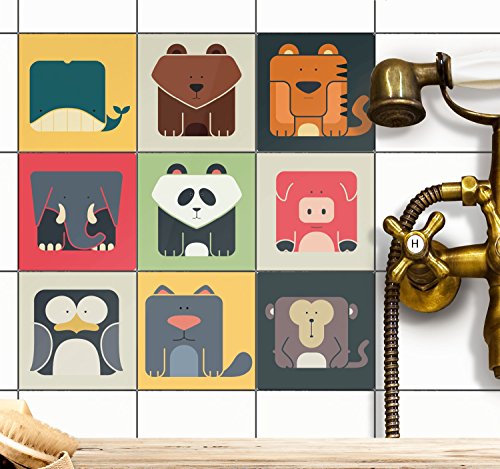 Fliesensticker - CREATISTO Dekoaufkleber für Fliesen Kindermotiv| Fliesen-Aufkleber Folie Sticker Küchen-Fliesen renovieren ohne Fliesenfarbe - Bad Küche Deko | 10x10 cm - Motiv Zoo Maniac - 9 Stück