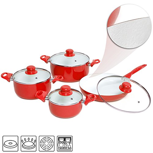 TecTake® 8 teiliges Keramik Kochtopf Set mit Glasdeckel rot - 3