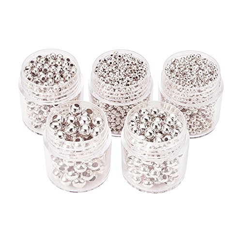 Pandahall,5 Cajas Abalorios espaciador redondas de hierro, plata, 2~5 mm, agujero: 1~2 mm