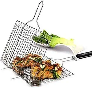 Online Zone Creative Portable Barbecue BBQ Grill Net Basket Roast Grilling Tray Chromium Plated with Wooden Handle (Set of 1)