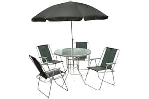 MARCO PAUL INTERIORS Marco Paul - Juego de muebles de jardín de 6 piezas con mesa de cristal y 4 sillas plegables con una sombrilla de 160 cm, juego de muebles de balcón con mesa de patio para interiores y exteriores