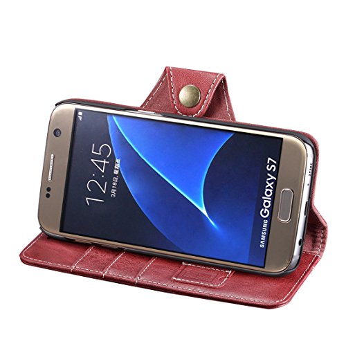 Funda Galaxy S7  Lensun Funda de Cuero Genuino con Cartera para Tarjetas y Cierre Magnetico para Samsung Galaxy S7 5 1  - Rojo Vino  S7-GT-WR 
