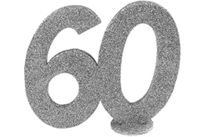 MISS LOVELY Espositore con numeri argentati glitterati – numero 60 – con piedistallo – Decorazione di compleanno decorazione rotonda 60° compleanno donna & uomo Happy Birthday – Espositore per torta decorazione