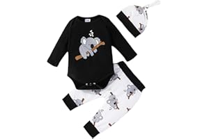Geagodelia Vêtements Nouveau-né Bébé Garçon Fille Ensemble Imprimé Koala Ours Barboteuse Manches Longues et Pantalon + Bonnet 3 Pièce Tenue de Printemps Automne