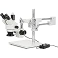 AmScope 3.5X-90X Simul-Focal Stereo Zoom Microscope on Dual Arm Boom Stand with 144-LED Ring Light