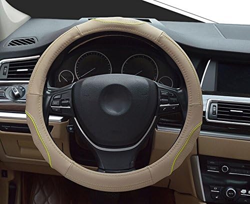 Hivel Luxury Breathable Genuine Leather Car Steering Wheel Cover Universal Anti Slip Auto Real Leather Steering Wheel Cover 38cm - Cream Colored