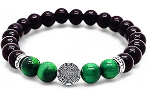 arana's - Pulsera piedras naturales autenticas - Onix agata negra turmalina obsidiana ojo de tigre rosa - Medalla San Benito - Regalos originales para mujer - Proteccion mal de ojo - Unisex