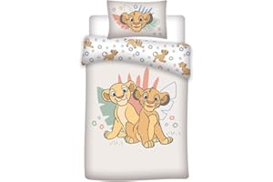 AYMAX Juego de cama Le King Lion, cama Junior o Bebé, funda nórdica de 100 x 140 cm y funda de almohada de 40 x 60 cm, 100 % algodón