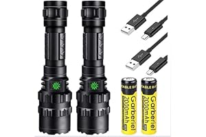LED taktisk ficklampa 2-pack. USB-uppladdningsbar, superljus 1 600 lumen vattentät XM-L2-ficklampa med 5 ljuslägen för arbete, camping, vandring (18650-batteri och laddare ingår)