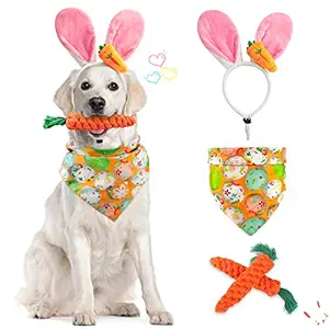 Dorakitten Dog Easter Costumes - Adorable Bunny Ears Headband Cute Dog Bandana Funny Carrot Shape Rope Teeth Cleaning Dog Chew Toys Gifts for Pet Puppy 4 PCS