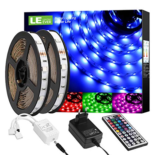 LE Striscia LED 10M RGB 300 LED 5050, Nastro Luminoso con 8 Modalità e 20 Colori Dimmerabili per Decorazione Interna ed Esterna, 12V Luci Kit Incluso Dimmer e Telecomando a 44 Tasti