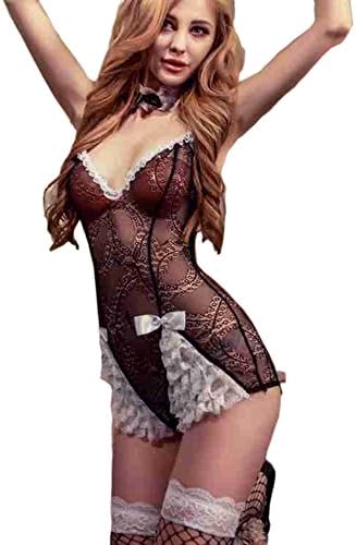 Truefeeling Women's Sexy Black Lace Lingerie Sets Cosplay Bunny Girl Erotic Uniforms Deep V Temptation Perspective Bodysuit