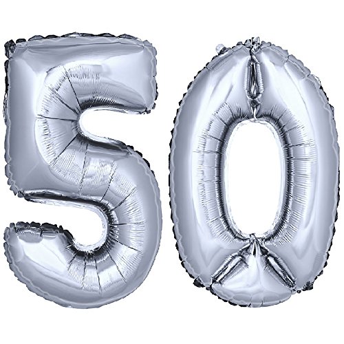 DekoRex ® Folienballon Zahlenballon Luftballon Geburtstag Deko 40cm Silber Zahl: 50