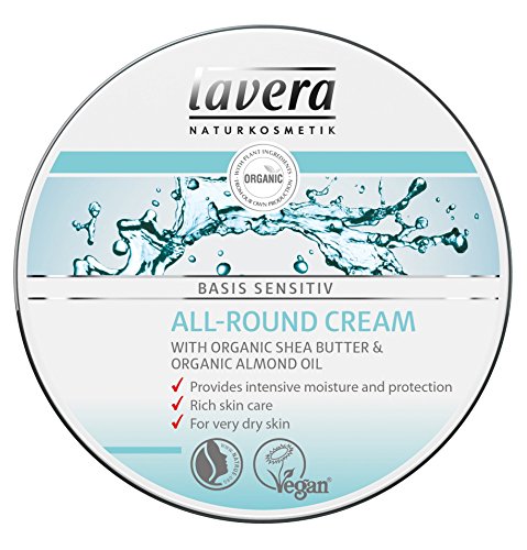 lavera All Round Cream basis sensitiv · Shea Butter & Almond Oil · Intensive Moisture & Protection · For Very Dry Skin · Vegan ? Organic Skin Care ? Natural & Innovative Cosmetics ? 150ml