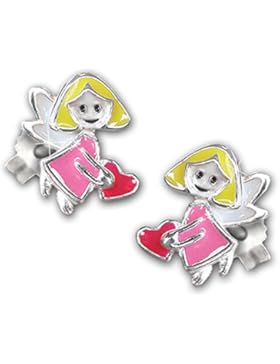 CLEVER SCHMUCK Silberne Ohrstecker Kleine Fee oder Engel, gelb rosa weiß mit Herz pink STERLING SILBER 925