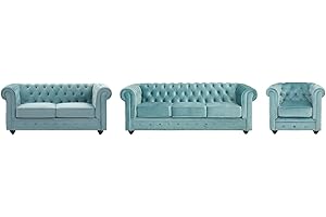 Vente-unique-Divano 3 posti e 2 posti e Poltrona in Velluto Blu pastello - CHESTERFIELD