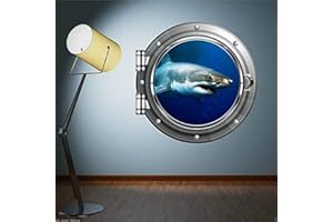 WALL SMART DESIGNS FULL COLOUR DEEP SEA SHARK FISH SHIP PORTHOLE WALL STICKER BATHROOM KIDS DECAL WSD47