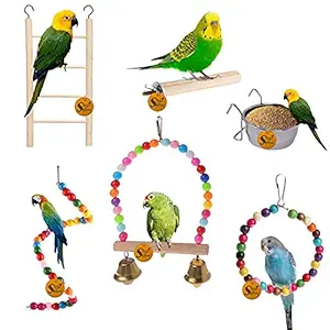 Sage Square Wooden Bird Toys Combo | Ladder, Bowl, Perch, Swing, Hanging Cage Accessory | for Budgie, Parrot, Cockatiel, Parakeet, Conure, Macaw etc (Combo 10)