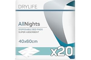 Drylife All Nights Alèses de Lit Jetables pour la Protection de la Literie ou du Fauteui | Niveau d'Absorption = 490ml - 40cm x 60cm (1 Lot de 20)