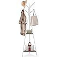 Metal Coat Stand Rack Free Standing Hall Tree Coat Hanger with 2 Shelves for Hallway Bedroom Living Room (White)