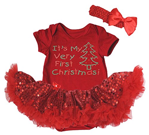 It's My Very 1st Christmas Tree Baby Dress Red Bodysuit Sequin Tutu Girl Nb-18m (6-12month)