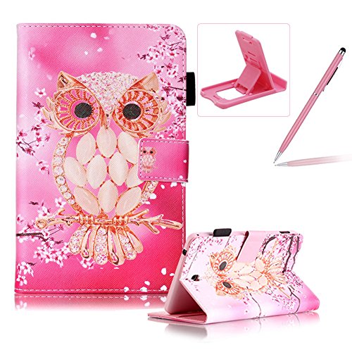 Für Samsung Galaxy Tab 4 7.0 Zoll SM-T230 Leder Tasche Hülle,Für Samsung Galaxy Tab 4 7.0 Zoll SM-T230 Leichter Wallet Kickstand Hülle,Herzzer Mode Hübsch [Rosa Eule Gedruckt] Shockproof Kratzfest PU leder Mappen Geldbeutel Folio Abdeckung mit Karte Bargeld Schlitz Weiche TPU Innere Kasten Hülle Case für Samsung Galaxy Tab 4 7.0 Zoll SM-T230 + 1 x Frei Rosa Handy Halterung Ständer + 1 x Frei Rosa Stift Stylus
