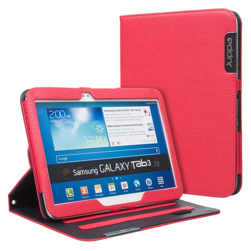 Juppa® Executive Leder Hülle Tasche mit Premium Interieur Leder umfasst Ständer Feature, Kartenhalter, Displayschutzfolie, Tragegurt und Eingabestift Kugelschreiber für Samsung Tab 3 10.1 Inch GT P5200 P5210 Tablet (Rot / Red)
