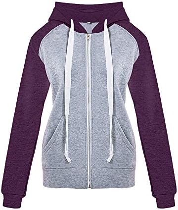 Vaycally Women Winter Autumn Hoodies Casual Patchwork Hooded Sweatshirt Jacket Coat Ladies Plain Zip Up Hoodie Jacket Plus Size S-5XL