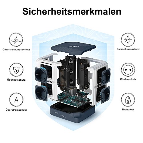 BESTEK Schaltbar 8 Fach Steckdosenleiste Mehrfachsteckdose Steckdosenturm mit 6 USB ( 5V/8A ) hat 1500J Überspannungsschutz und Kindersicherung 3600W - 6