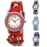 Pure Time® Kinder Uhr Jungenuhr Mädchenuhr Silikon Kautschuk Schul Uhr Jungen Mädchen Armbanduhr Uhr mit 3D Piraten Sport Lern-Uhr Schul-Uhr Blau Hellblau Türkis Schwarz Rot (Rot - Red)