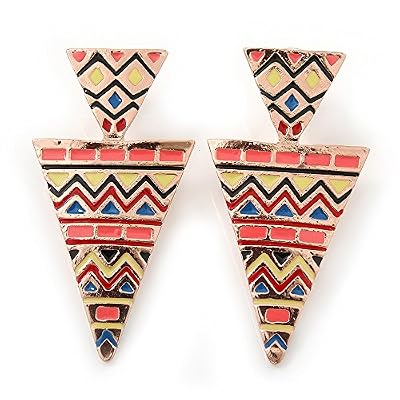 Avalaya Boucles d'oreilles pendants style égyptien géométrique émail multicolore en plaqué or