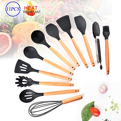 esonmus Premium 11 pcs kit Ustensiles de Cuisine Silicone avec poignées Bois,Set spatule en Silicone Antiadhésif Anti-Rayures et résistante à la Chaleur,pour Cuisiner pour Toute la Famille