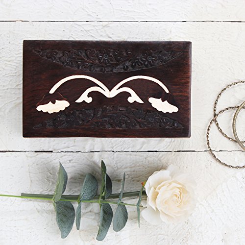Preisvergleich Produktbild Store Indya, Holzerne Schmuckkästchen Aufbewahrungsschachteln Trinket kasten Aufbewahrungskiste schmuckaufbewahrung Organizer Mit Handgefertigten Blumenmuster Und Messing Inlay Frauen Make Up Kit Halter Home Table Top Decor Zubehor