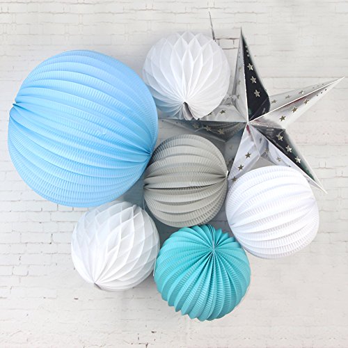 SUNBEAUTY 7er Set See & Meer Thema Blaugrün Grau Blau Weiß Papier Lampion Stern Wabenball Honeycomb Balls Zeremonie Dekoration