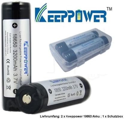 2 x Keeppower 18650 3200 mAh, 3.6 V = 3.7 V lithium-ion battery with 10 A protection switch; 1 x Keeppower battery box