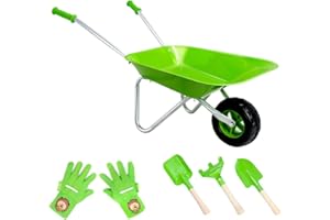 Hortem Juego de carretilla para niños, barril de rueda de construcción de metal, fácil de montar y 3 herramientas de jardinería para niños, accesorios de jardín para niños (verde)