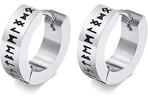 FLHEART Norse Viking Hoop Earring for Men - Amulet Protection Jewellery Gifts Stainless Steel Men's Stud Huggie Hinged Earrings with Nordic Elder Futhark Runes,Black/Silver/Gold Plated,1 Pair