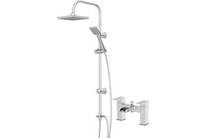 Architeckt® Square Waterfall Bath Shower System Mixer Shower Tap with Modern Square Riser Rail Kit Dual Rainfall Shower Heads Handset, Chrome
