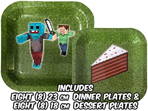 Birthday Party Plate Sets for Mining Themed Parties (Service for 8) - New Thicker Plates! - Tableware - Pixel Style Miner Plates - Includes Eight (8) 23cm Dinner Plates & Eight (8) 17cm Dessert Plates