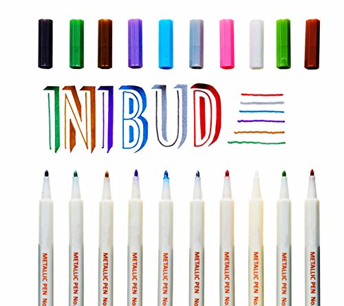INIBUD Metallic Marker Pens, Satz von 10 Farben inkl. 8 Tafel Labels für Kartenherstellung DIY Fotoalbum Gebrauch auf irgendeiner Oberfläche-Papier Glas Kunststoff Keramik - 2