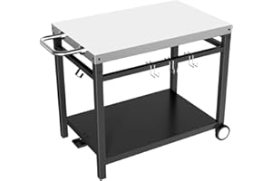 WELL GRILL Table de barbecue en acier inoxydable - Chariot double assistant - Chariot de service - Table d'appoint - Table à pizza - Accessoires pour cuisine extérieure - Jardin - Pliable