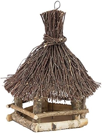 Round 27 x 27 cm Wooden Bird House Birch Wood Birch Branch Roof Feeder Bird Feeding Station